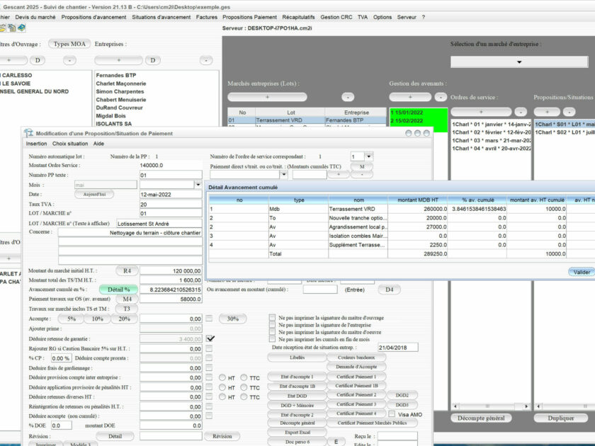 Capture du logiciel Gescant Mac et PC version 21.13 illustrant l’amélioration de la gestion du marché de base dans les situations et de l’autoliquidation de la TVA pour le suivi de chantier en maîtrise d’œuvre