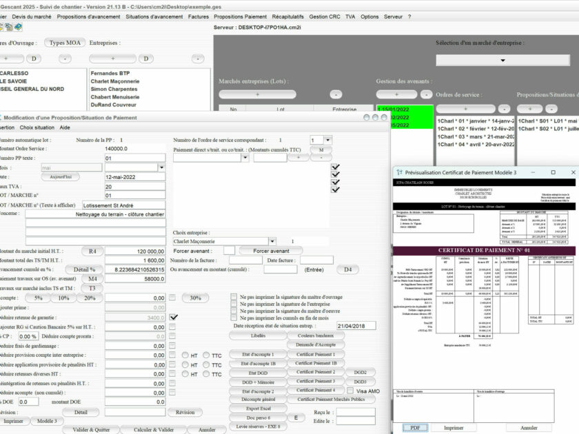 Capture du logiciel Gescant Mac et PC version 21.13 montrant l’amélioration du modèle de certificat de paiement 3 dans les situations pour le suivi de chantier en maîtrise d’œuvre
