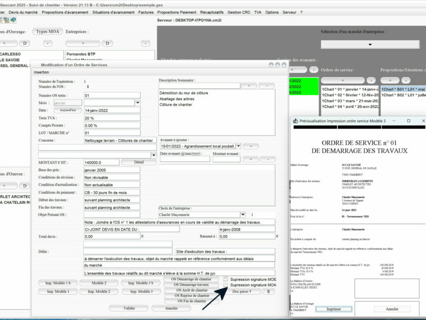 Capture du logiciel Gescant Mac et PC version 21.13 montrant la nouvelle possibilité de suppression de la signature du maître d’ouvrage dans 4 modèles d’ordres de service pour le suivi de chantier en maîtrise d’œuvre