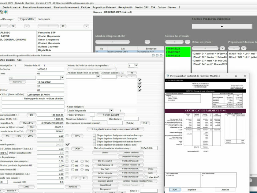 Capture d'écran des nombreuses améliorations du modèle 3 de certificats de paiement dans le logiciel de suivi de chantier Gescant, version 2120, destiné aux architectes et professionnels de la maîtrise d'œuvre
