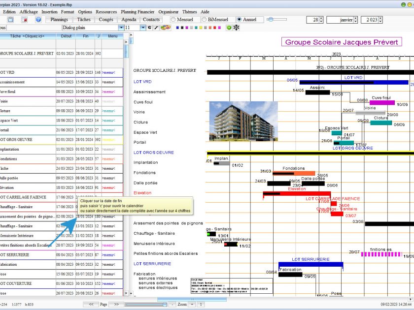 nouvelles bulles d'aide de saisie des dates de logiciel de planning de chantier Faberplan Mac et PC v18.02