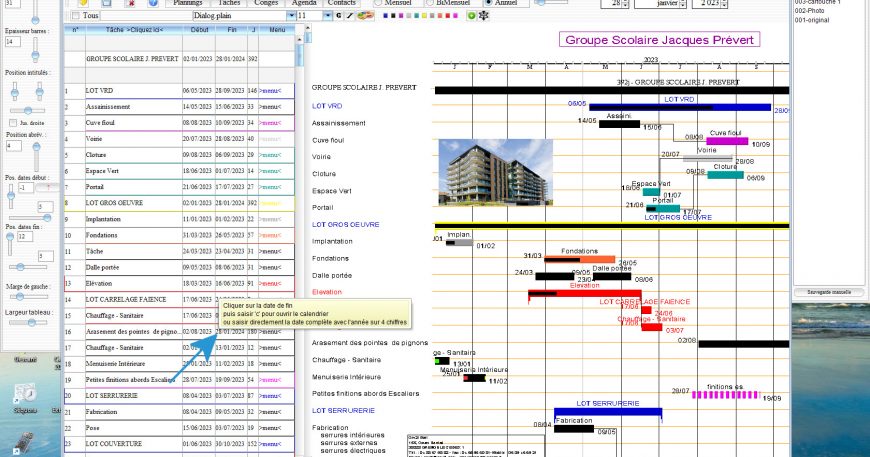 nouvelles bulles d'aide de saisie des dates de logiciel de planning de chantier Faberplan Mac et PC v18.02