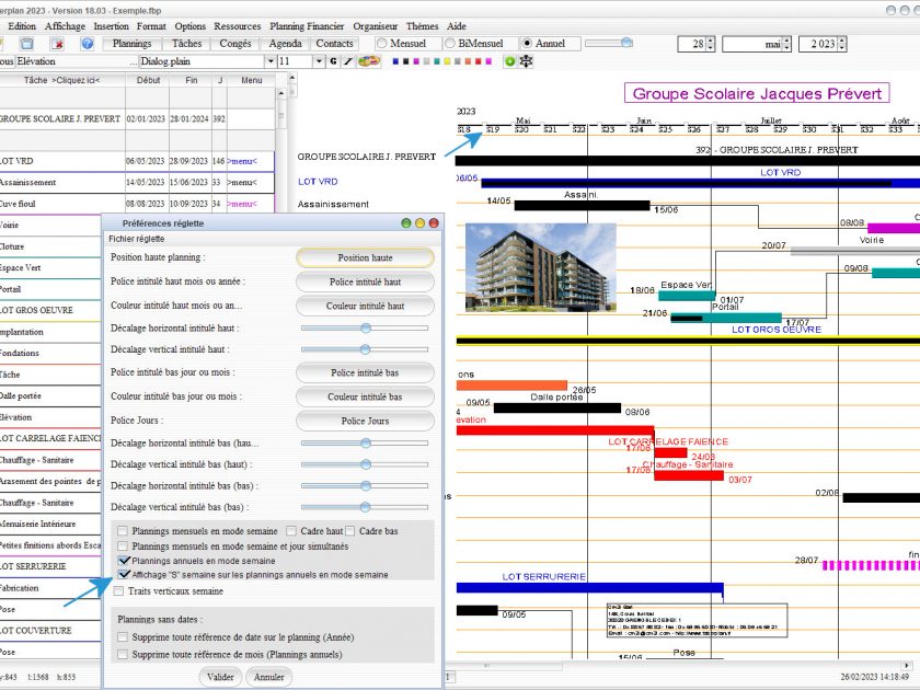 nouvelle possibilité d'afficher un s pour le mode semaine des plannings annuels dans le logiciel de planning de chantier mac et pc Faverplan v18.03