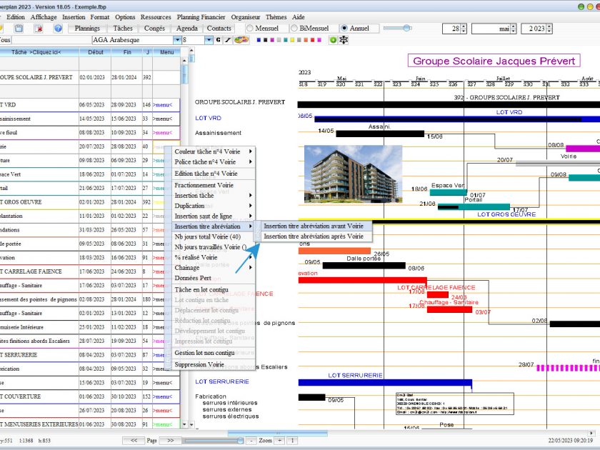 amélioration de l'insertion d'un titre d'abréviation dans le logiciel de planning de chantier et d'architecture Mac et PC v18.05