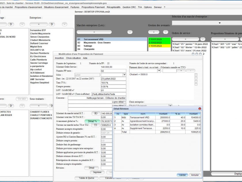 nouveaux pourcentages d'avancement des avenants dans le logiciel de suivi de chantier gestion et facturation Gescant Mac et PC v19.09