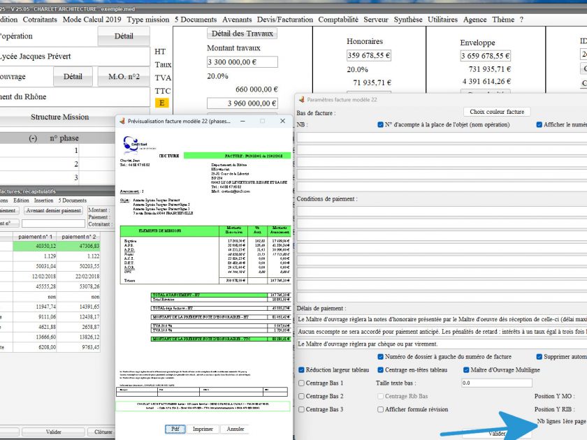nouveau mode multipage du modèle 22 de facture du logiciel de facturation des honoraires de maîtrise d'oeuvre Médicis Mac et PC v25.05