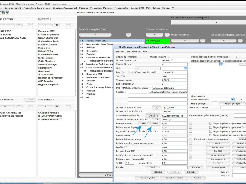 amélioration calcul automatique 10 pour cent et 30 pour cent des avance sur situation dans le logiciel de suivi de chantier Gescant Mac et PC v19.20