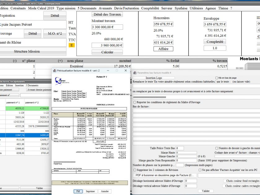 nouvelle gestion du pdf autoamtique du modèle 4 de facture du logiciel de facturation d'honoraires de maitrise d'oeuvre Médicis Mac et PC v25.07