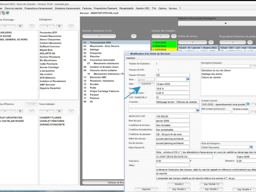 nouveau bouton aujourd'hui sur les ordres de service du logiciel de suivi de chantier Gescant Mac et PC v19.20