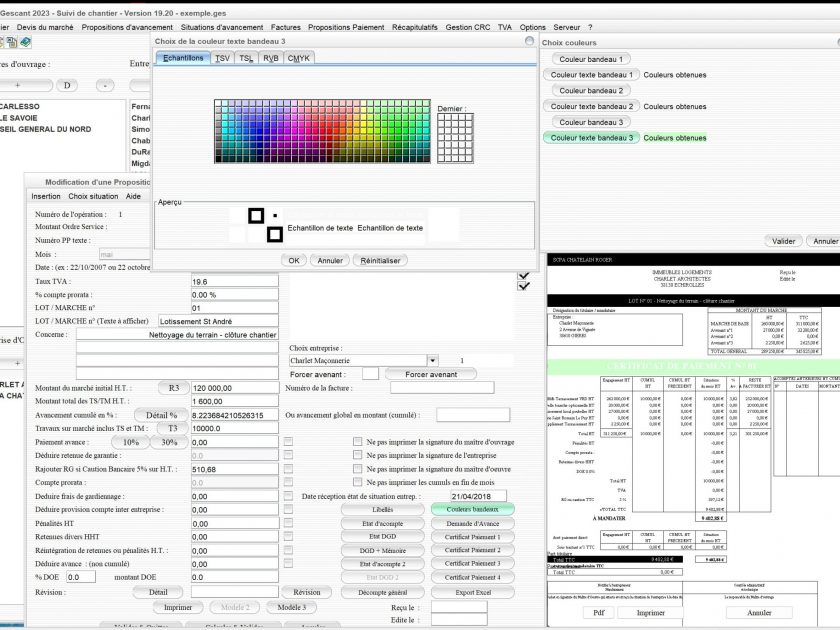 nouveau choix des couleurs du modèle 2 de certificat de paiement dans les situations du logiciel de suivi de chantier Gescant Mac et PC v19.20