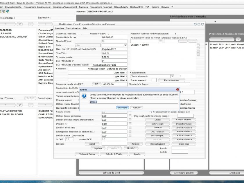nouvelle résorption automatique de l'avance sur marché dans le logiciel de suivi de chantier Gescant Mac et PC v19.19