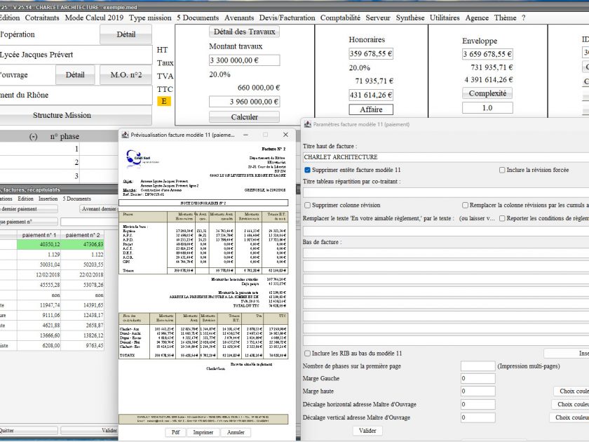 nouveaux textes seuls sur modèle 11 de facture du logiciel de facturation des honoraires de maîtrise d'oeuvre Médicis Mac et PC v25.14