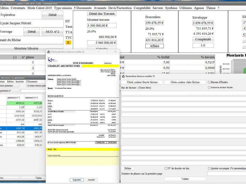 amélioration du mode multi page du modèle 12 de facture du logiciel de facturation des honoraires de maîtrise d'oeuvre Médicis Mac et PC v25.17