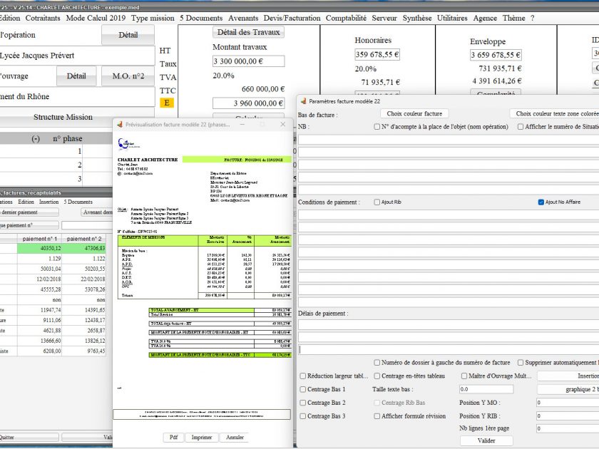 nouveau numéro d'affaires sur le modèle 22 de facture du logiciel de facturation des honoraires de maîtrise d'oeuvre Médicis Mac et PC v25.14