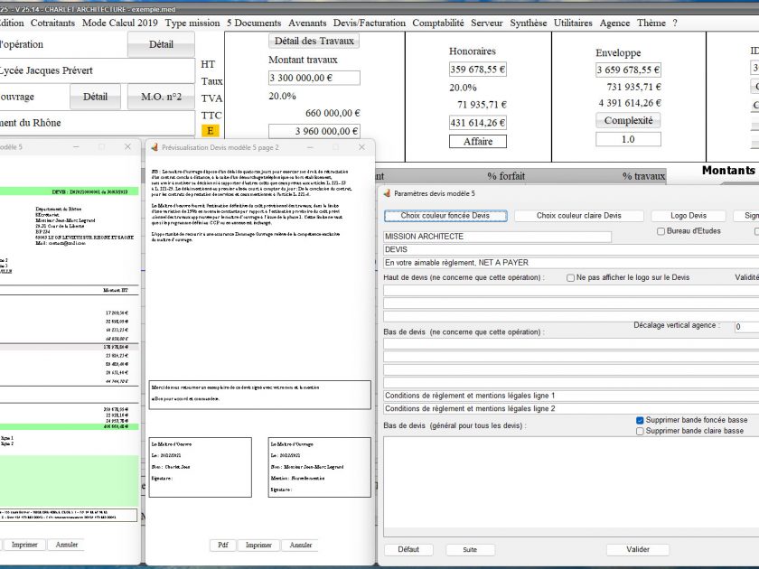 ajout des paramètres bancaires modèle 5 de devis du logiciel de proposition d'honoraires de maîtrise d'oeuvre Médicis Mac et PC 25.14