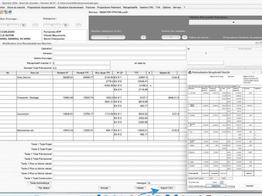 nouvel export Microsoft Excel des récapitulatifs chantiers du logiciel de suivi de Chantier Gescant Mac et PC v20.01