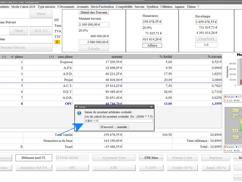 nouvelle possibilité de calcul de montant arbitraire dans le logiciel de proposition des honoraires de maîtrise d'oeuvre Médicis Mac et PC v25.16