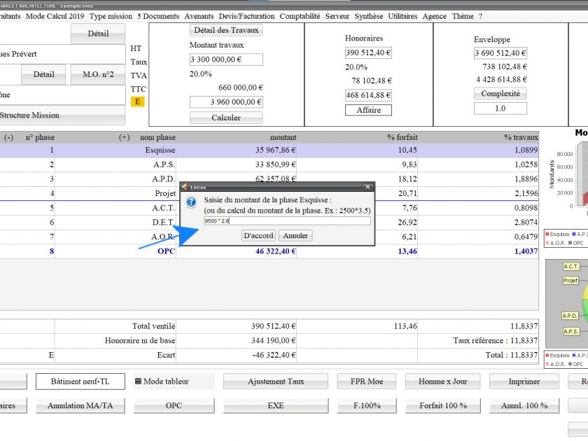 nouvelle possibilité de calcul de montant des phases fixes dans le logiciel de proposition des honoraires de maîtrise d'oeuvre Médicis Mac et PC v25.16