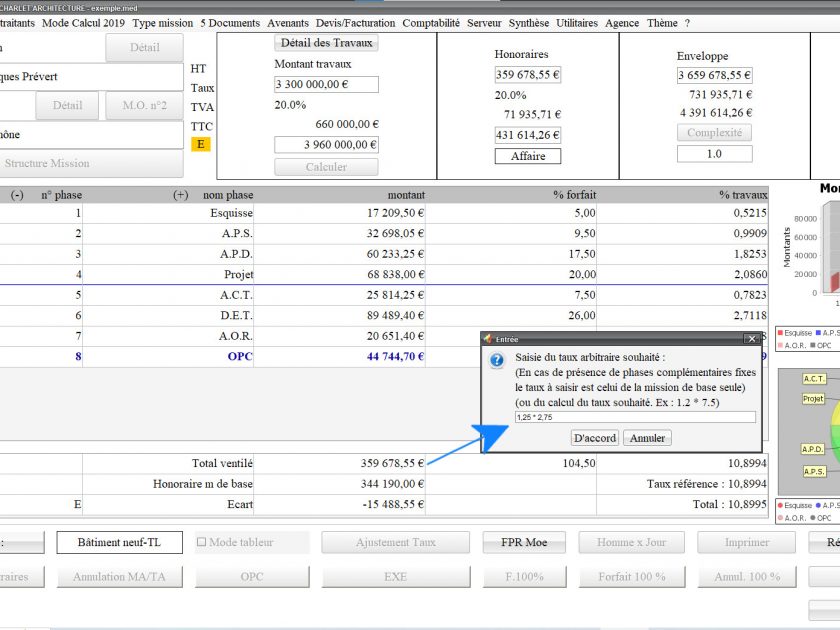 nouvelle possibilité de calcul de taux arbitraire dans le logiciel de proposition des honoraires de maîtrise d'oeuvre Médicis Mac et PC v25.16