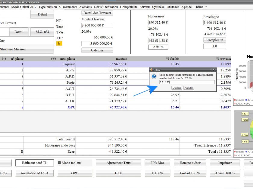 nouvelle possibilité de calcul de taux des phases fixes dans le logiciel de proposition des honoraires de maîtrise d'oeuvre Médicis Mac et PC v25.16