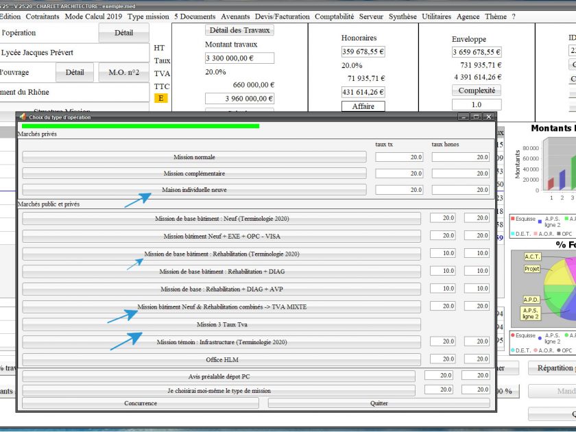 60 phases de mission pour plusieurs missions type de logiciel de proposition d'honoraires de maîtrise d'oeuvre Médicis Mac et PC v25.20