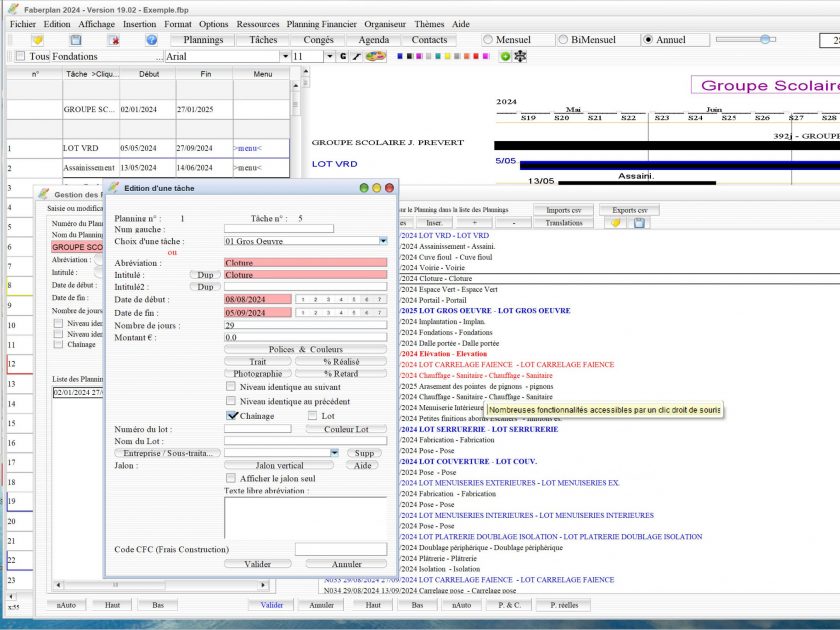 amélioration de l'édition des tâches depuis la liste des tâches du logiciel de planning de chantier et d'architecture Faberplan Mac et PC v19.02