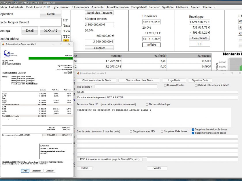 amélioration du mode multiligne du modèle 1 de devis du logiciel de proposition des honoraires de maîtrise d'oeuvre Médicis Mac et PC v25.21