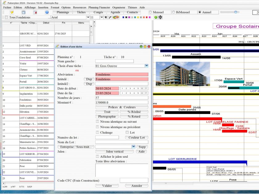 amélioration de l'édition des taches depuis le planning graphique du logiciel de planning de chantier et d'architecture Faberplan Mac et PC v19.02