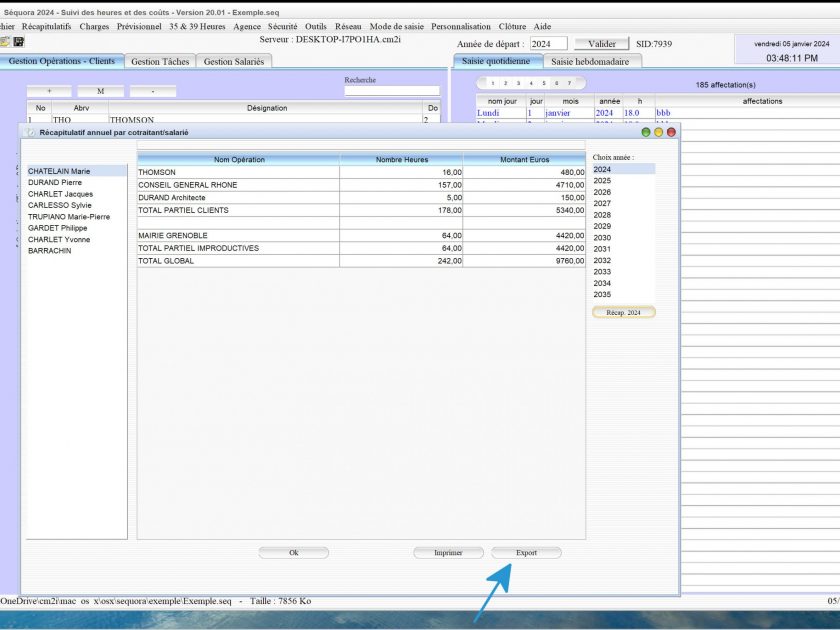 amélioration de l'export Microsoft Excel du récapitulatif annuel des salariés/cotraitants du logiciel de pointage des heures et de gestion des temps passés et des coûts Séquora Mac et PC v20.02