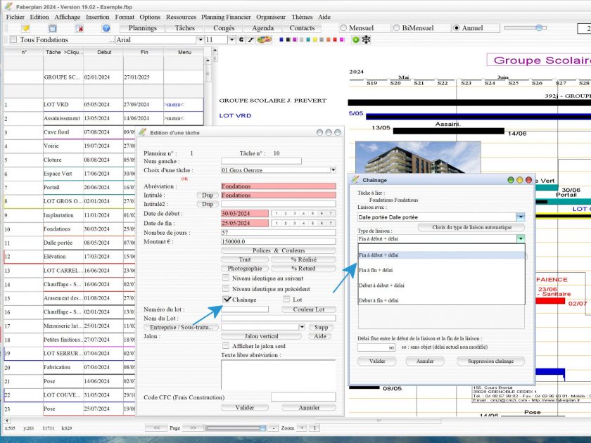 nouveau choix automatique du type de chaînage lors d'un chaînage simple du logiciel de planning de chantier et d'architecture Faberplan Mac et PC v19.02