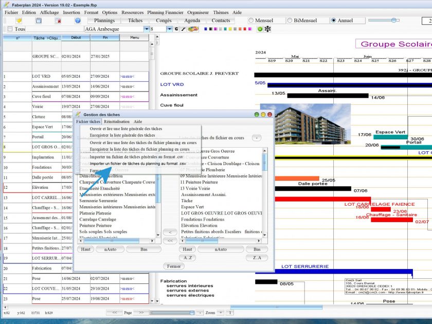 nouvel import csv de tâches dans le planning en cours du logiciel de planning de chantier et d'architecture Faberplan mac et pc v19.02