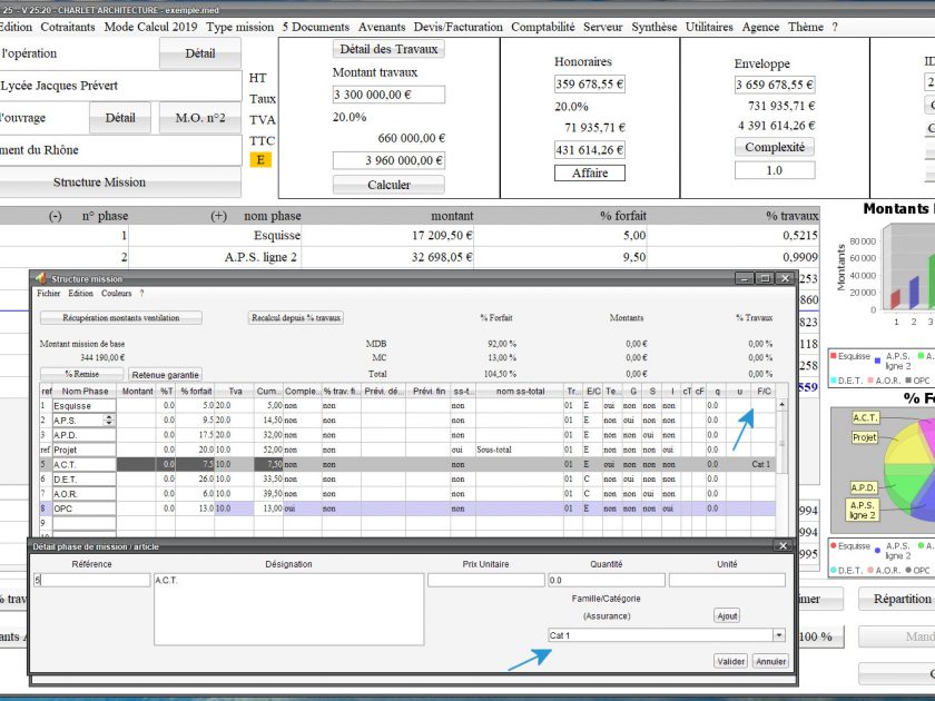 nouvelle colonne des familles et catégories dans la structure de mission du logiciel de proposition d'honoraires de maîtrise d'oeuvre Médicis Mac et PC v25.20