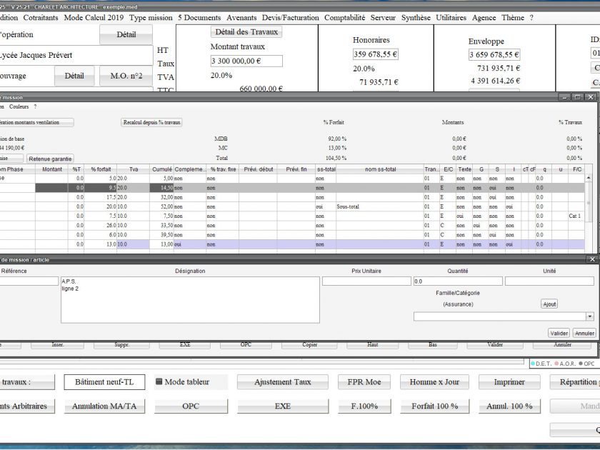 nouvelle gestion d'articles ou missions du logiciel de proposition des honoraires de maîtrise d'oeuvre Médicis Mac et PC v25.21