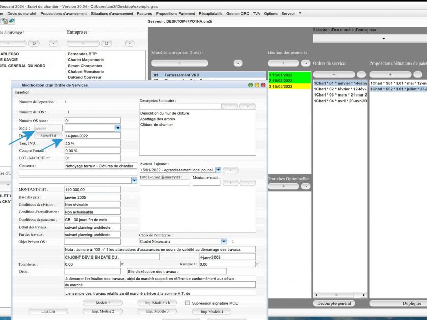 nouvelle gestion des dates dans les ordres de service du logiciel de suivi de chantier Gescant Mac et PC v20.04