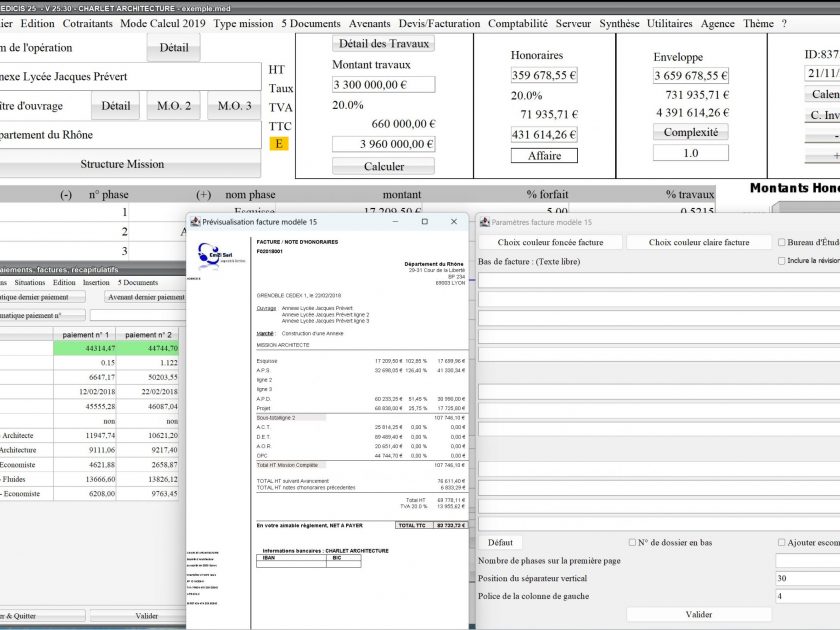 amélioration du mode multiligne par phase du modèle 15 de facture dans le logiciel de facturation des honoraires de maîtrise d'oeuvre Médicis Mac et PC v25.30