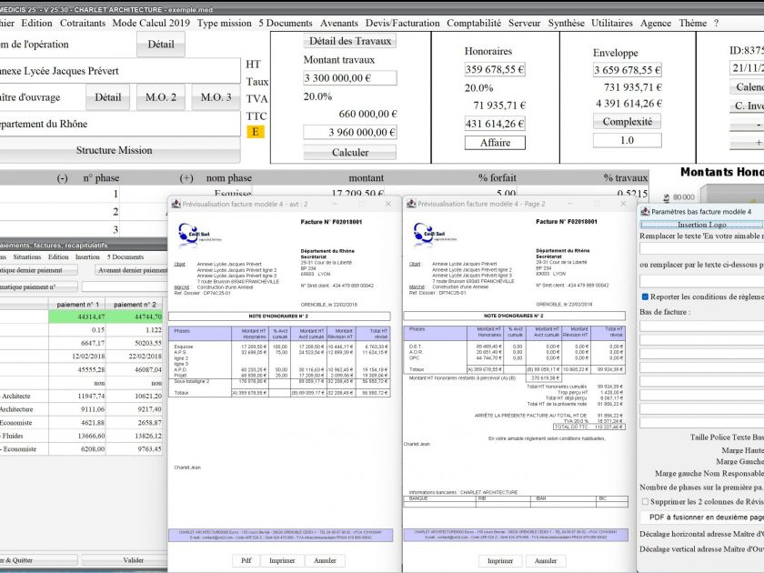 amélioration du mode multipage du modèle 4 de facture dans le logiciel de facturation des honoraires de maîtrise d'oeuvre Médicis Mac et PC v25.30