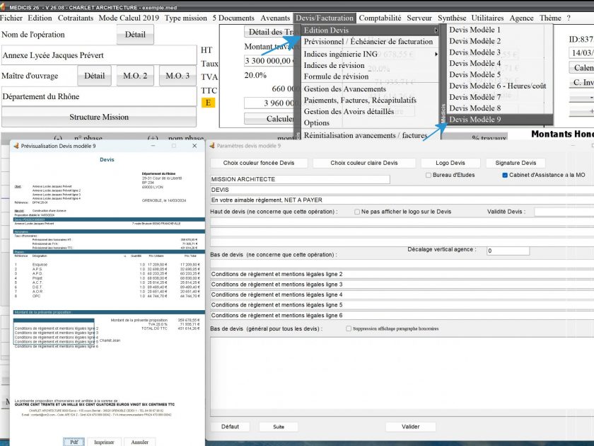 amélioration du modèle 22 de facture du logiciel de facturation des honoraires Architectes Médicis Mac et PC v26.08