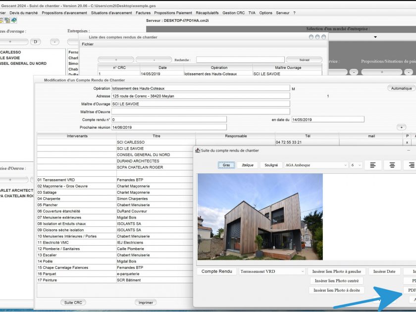 nouveau pdf automatique complet des comptes rendus de réunion de chantier dans le logiciel de suivi de chantier Gescant Mac et PC v20.06