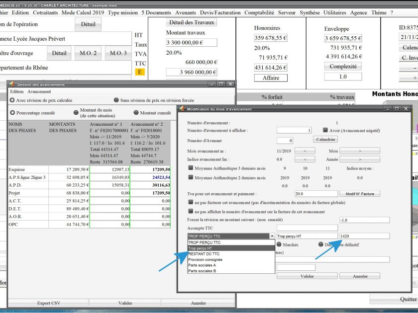 nouvelle gestion des trop perçus HT dans le logiciel de facturation des honoraires de maîtrise d'oeuvre Médicis Mac et PC v25.30