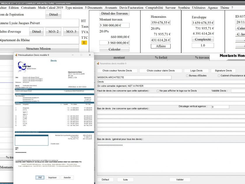 plusieurs améliorations du modèle 9 de devis du logiciel de proposition d'honoraires de maûtrise d'oeuvre Médicis Mac et PC v25.31