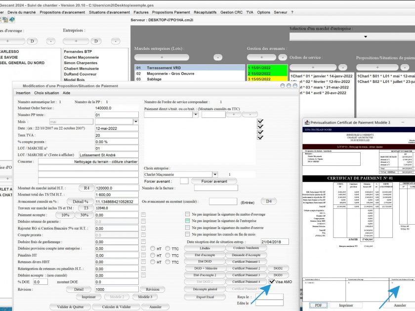 nouvelle possibilité d'ajouter un visa AMO sur modèle 3 de certificat de paiement du logiciel suivi de chantier Gescant Mac et PC 20.10