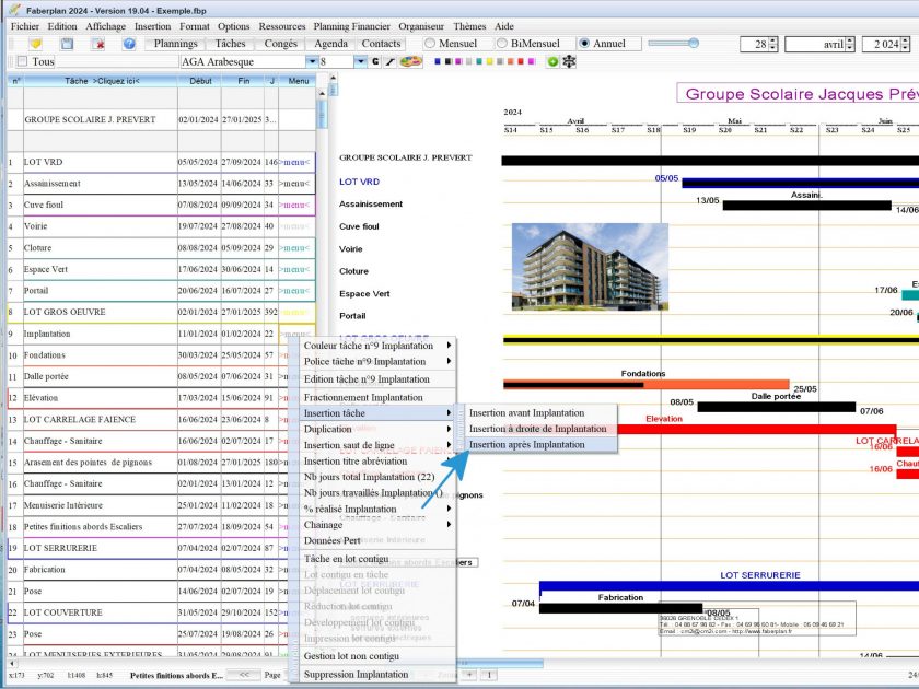 amélioration de l'insertion des tâches dans le logiciel de planning de chantier et d'Architecture Faberplan Mac et PC v19.04