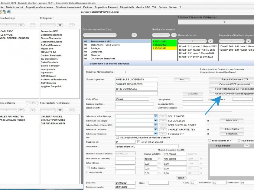 amélioration de la liaison avec l'acte d'engagement du logiciel de suivi de chantier Gescant Mac et PC v20.11