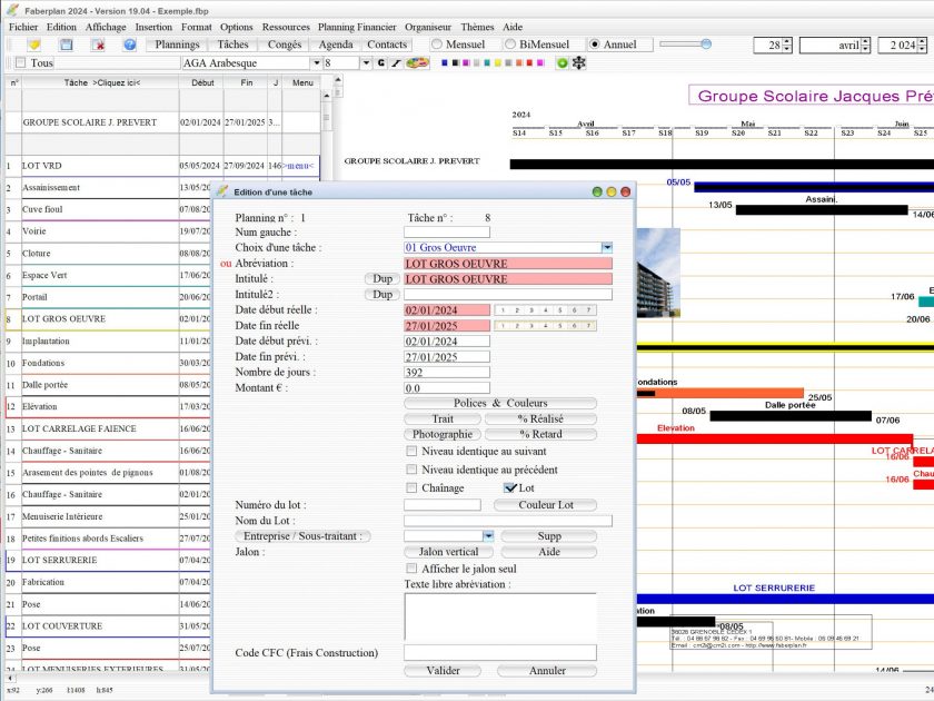 nouvelle gestion des dates prévisionnelles du logiciel de planning de chantier et d'architecture Faberplan Mac et PC v19.04