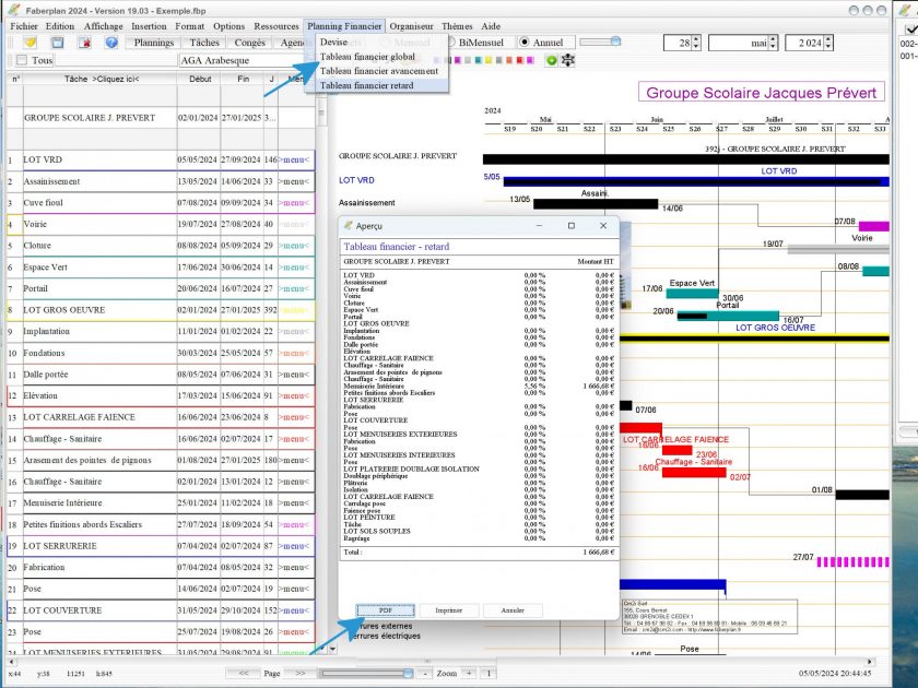 nouvelle numérotation automatique des pdfs des tableaux financiers du logiciel de planning de chantier et d'architecture Faberplan Mac et PC v19.03