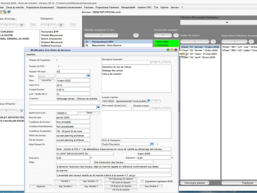 amélioration de la création des ordres de service du logiciel de suivi de chantier Gescant Mac et PC v20.12