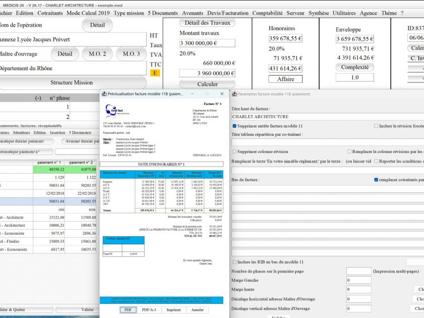 amélioration de la permutation entre cotraitant et situations modèle 11B de facture du logiciel facturation d'honoraires Architecte Médicis Mac et PC v26.17