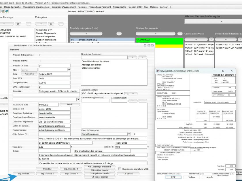 amélioration de la présentation modèle 1 d'ordre de service du logiciel de suivi de chantier Gescant Mac et PC v20.14