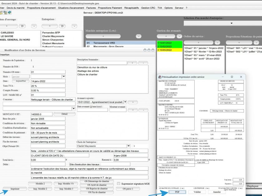 nouveau pdf automatique du modèle 1 d'ordre de service du logiciel de suivi de chantier Gescant Mac et PC v20.13