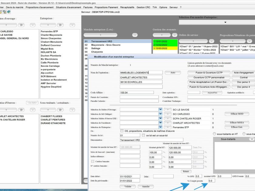 nouveau pourcentage de compte prorata des lots du logiciel de suivi de chantier Gescant Mac et PC v20.12